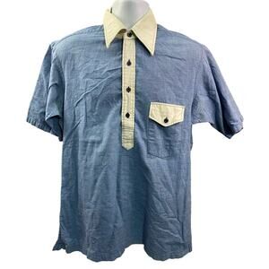 Neiman Marcus Shirt 16-16 1/2 Short Sleeve Button Up Mens Blue Vintage Pocket